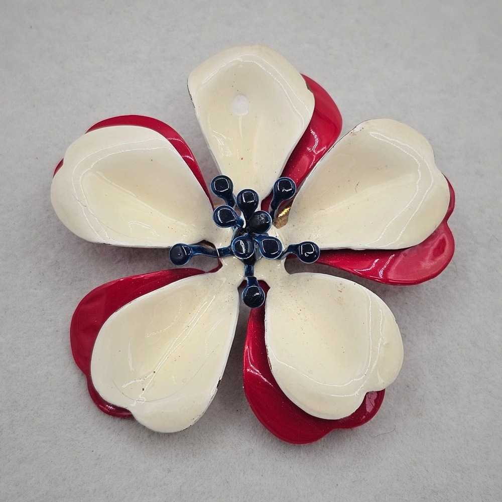 Enamel Flower Brooch Red Cream Pin Layered Petal Retro Mod Floral 2.25"